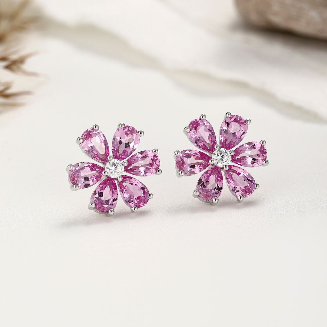 Pink Sapphire Flower Earrings