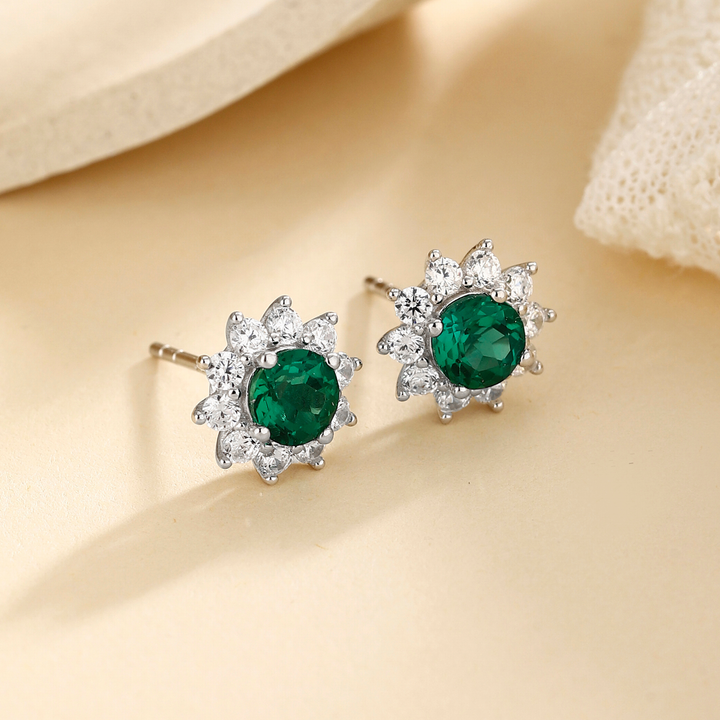 Round Cut Emerald Floral Studs