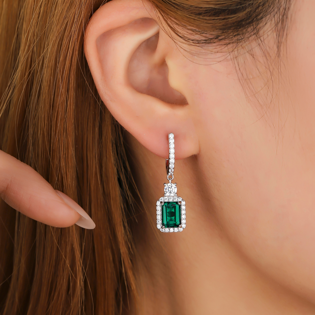 Emerald Cut Emerald Hoop Studs