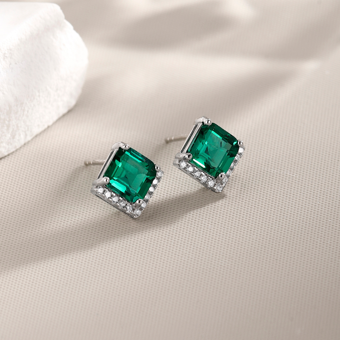 Princess Cut Emerald Studs