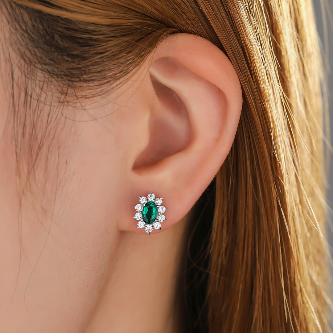 Oval Cut Emerald Floral Studs
