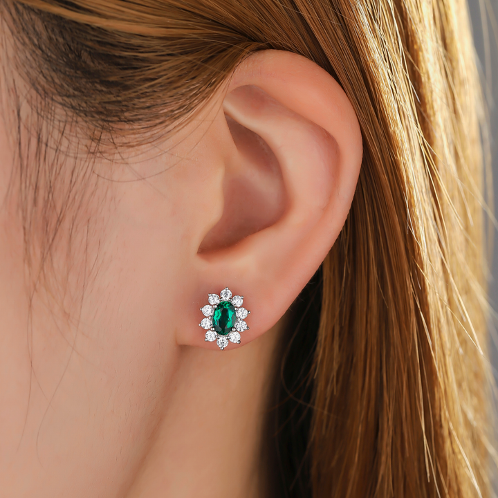 Oval Cut Emerald Floral Studs