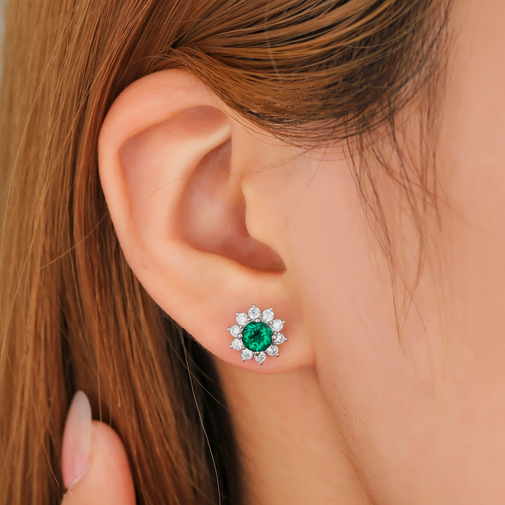 Round Cut Emerald Floral Studs