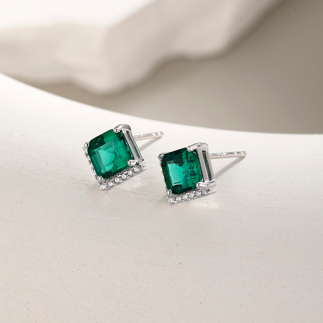 Princess Cut Emerald Studs