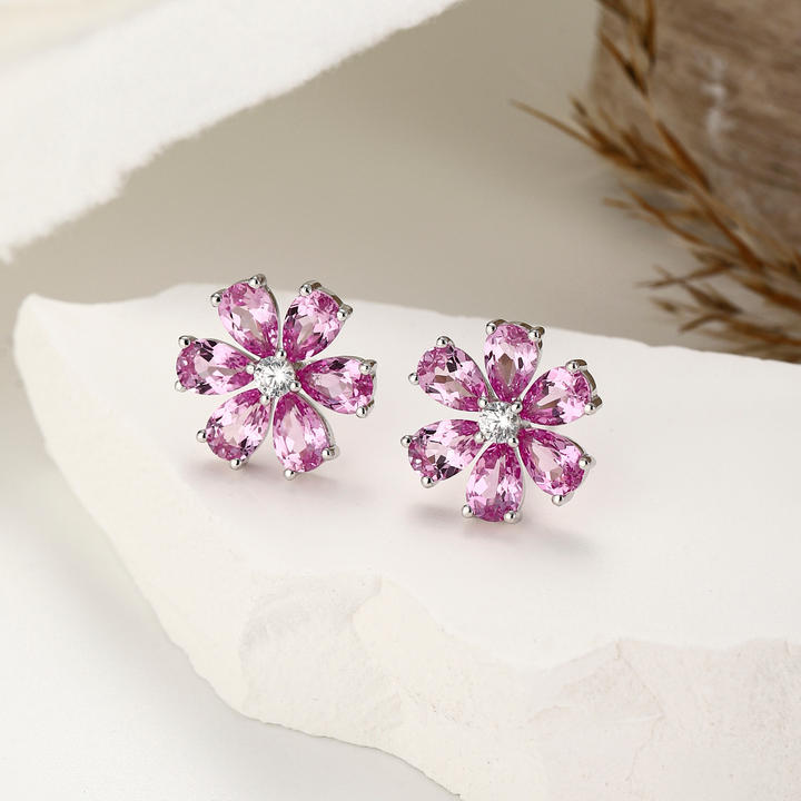 Pink Sapphire Flower Earrings