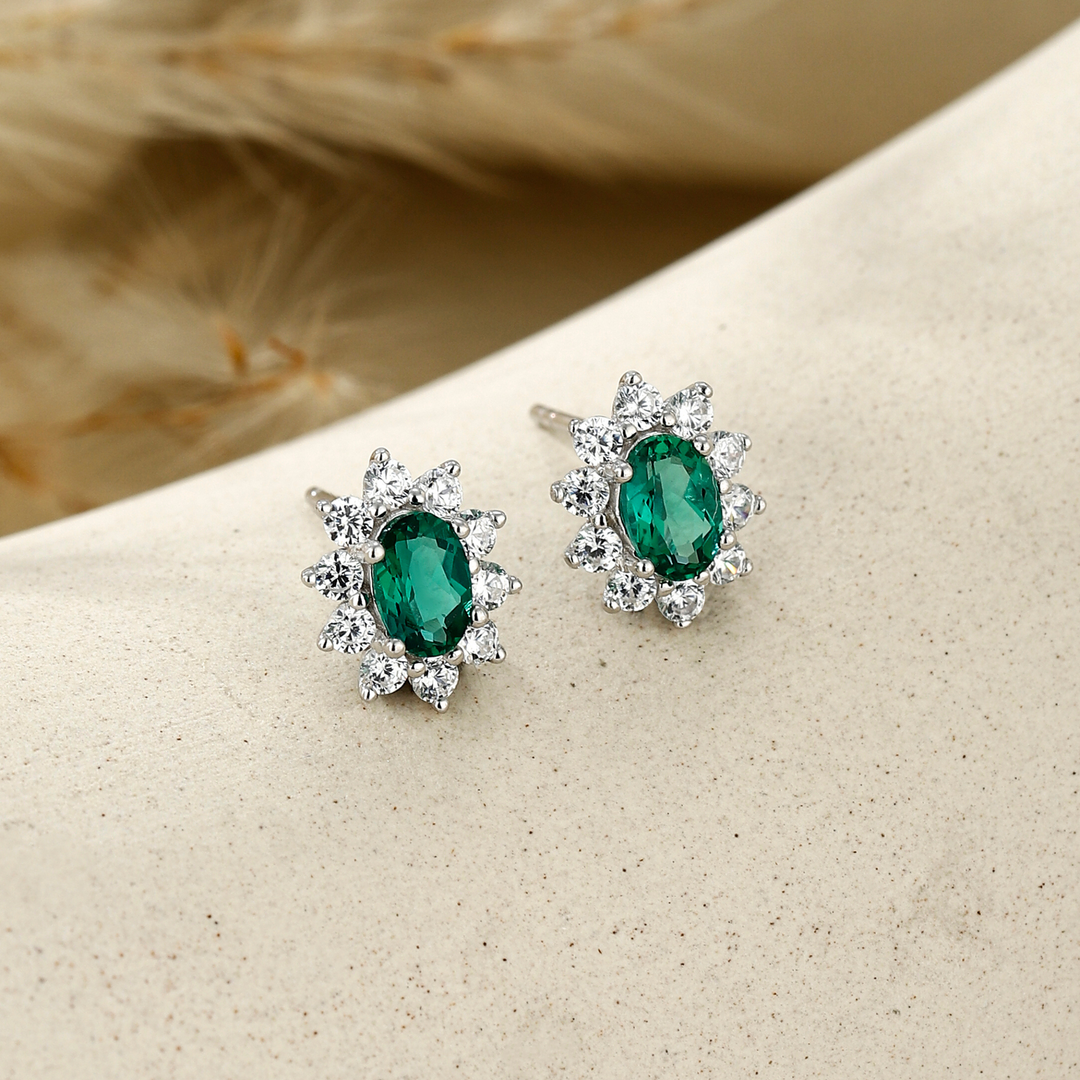 Oval Cut Emerald Floral Studs
