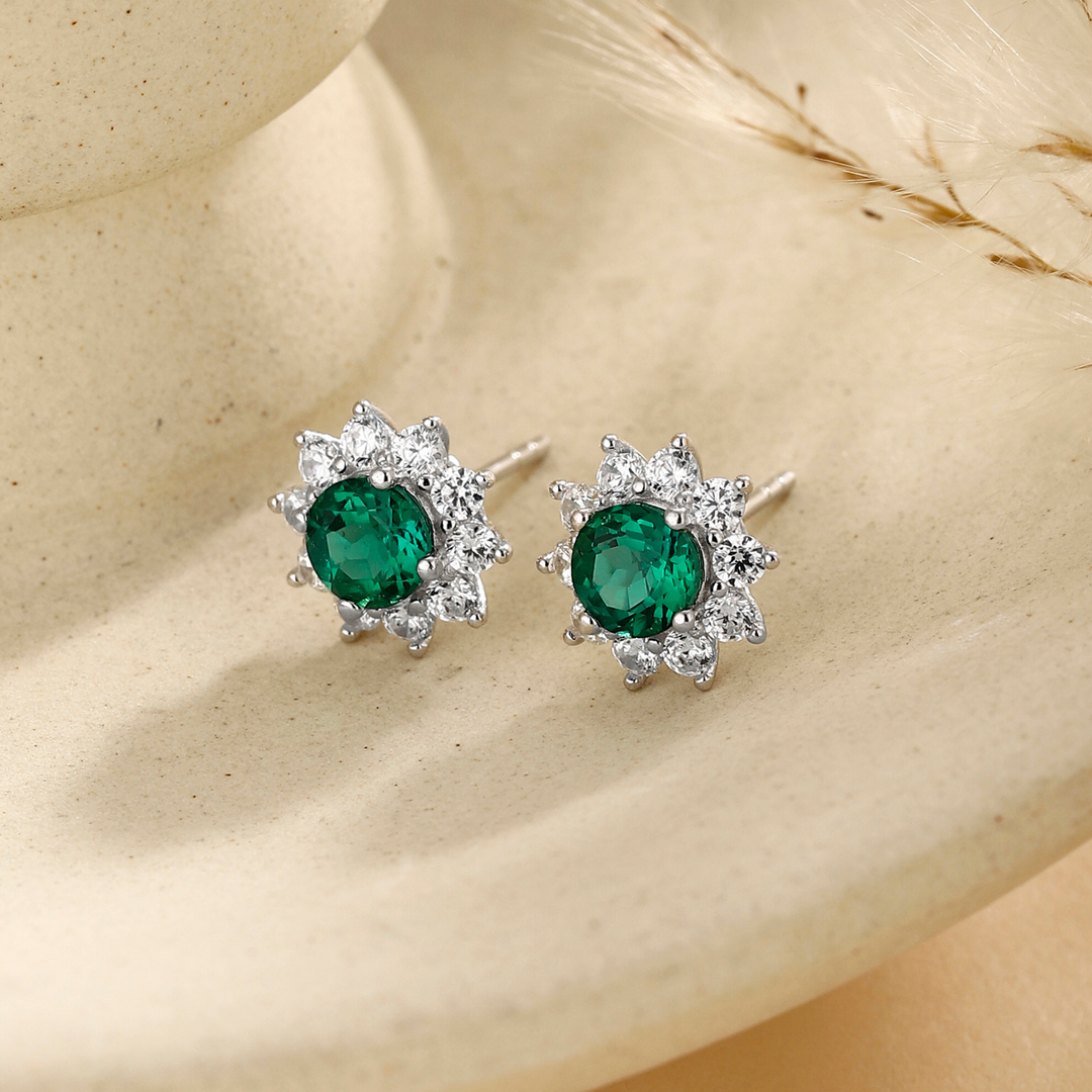 Round Cut Emerald Floral Studs