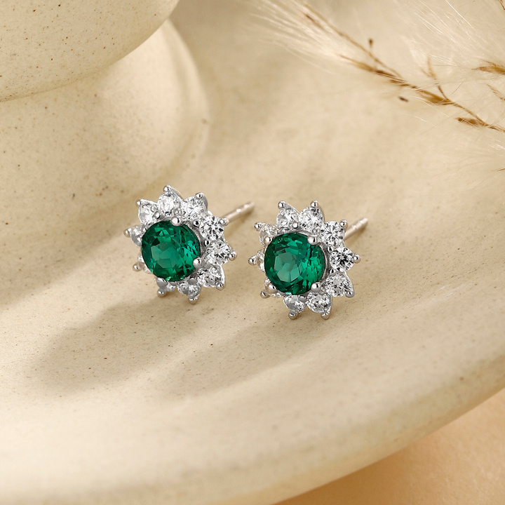 Round Cut Emerald Floral Studs