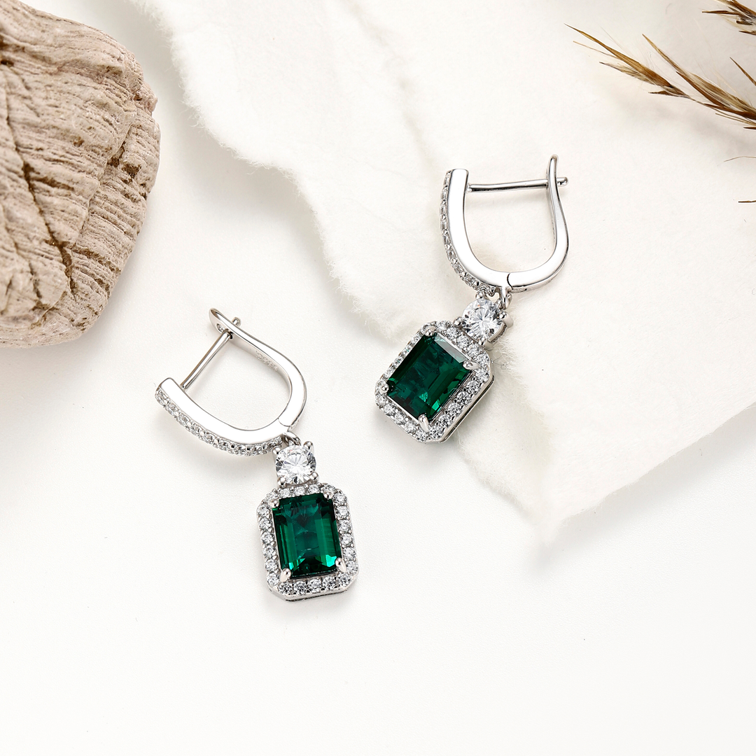 Emerald Cut Emerald Hoop Studs