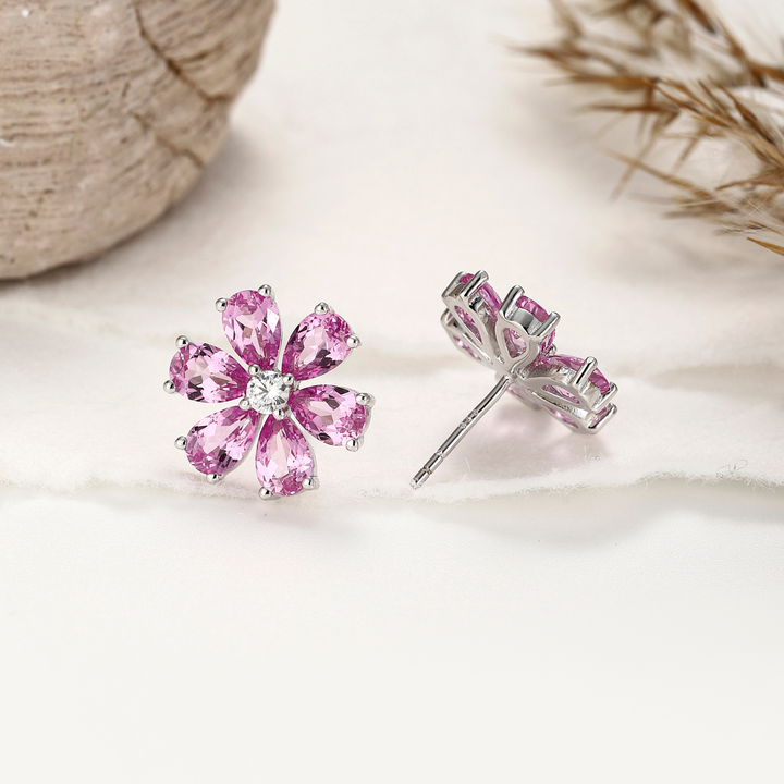 Pink Sapphire Flower Earrings