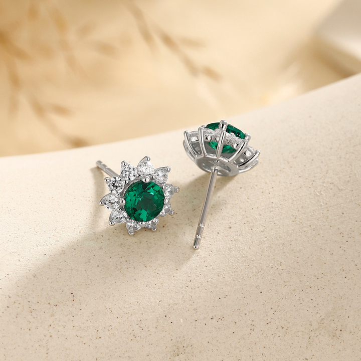 Round Cut Emerald Floral Studs