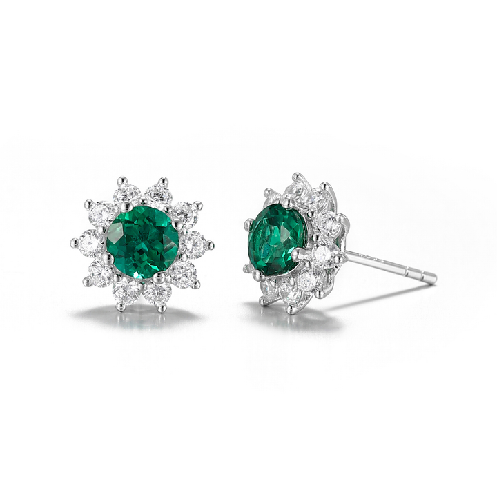 Round Cut Emerald Floral Studs