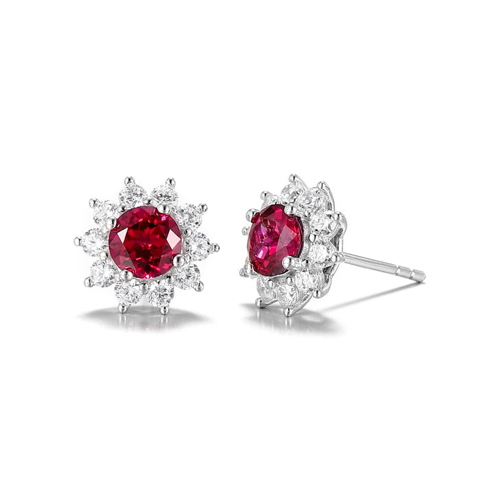 Round Cut Ruby Floral Studs