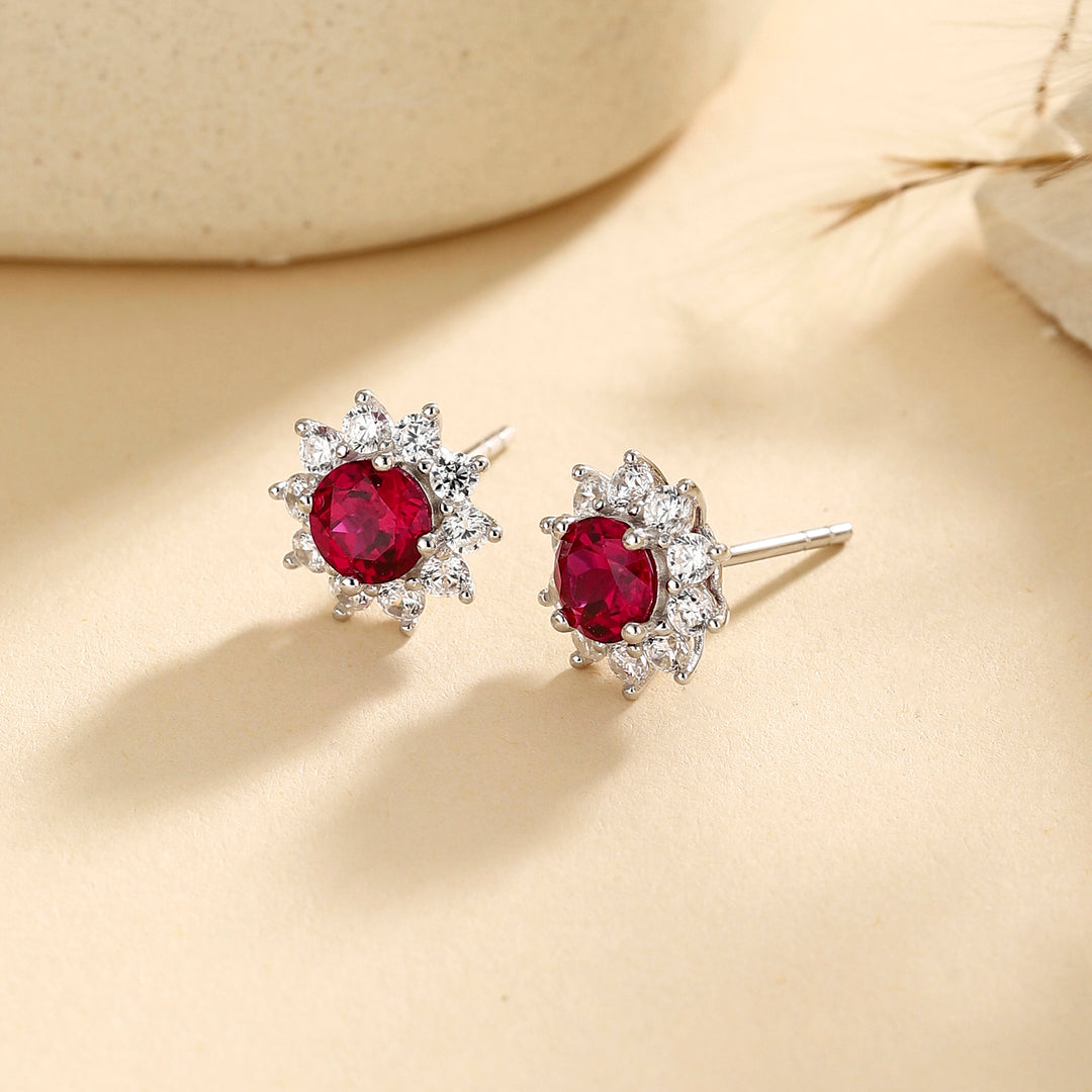 Round Cut Ruby Floral Studs