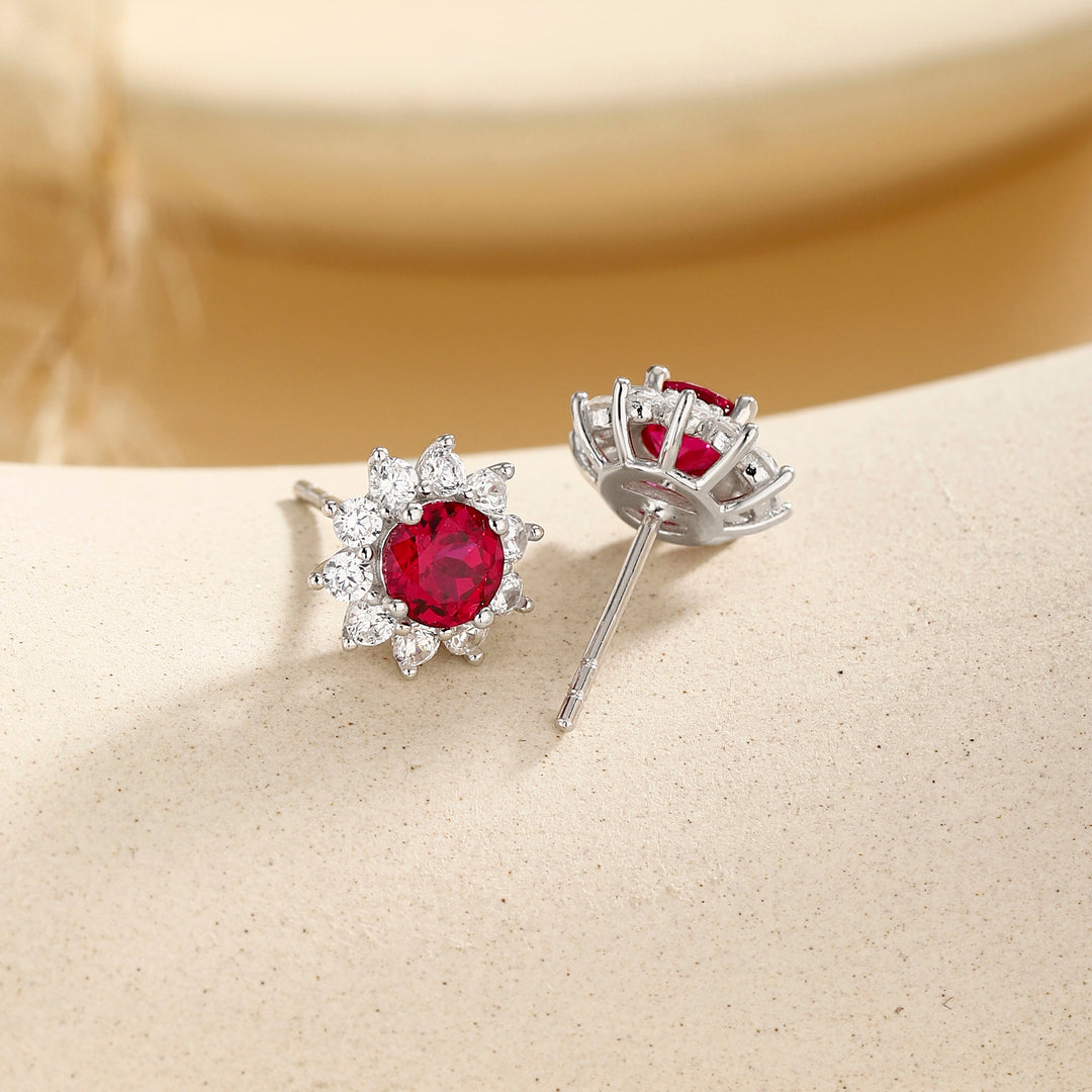 Round Cut Ruby Floral Studs