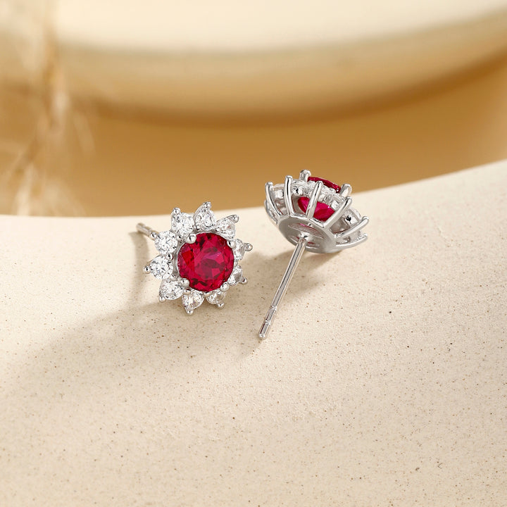 Round Cut Ruby Floral Studs