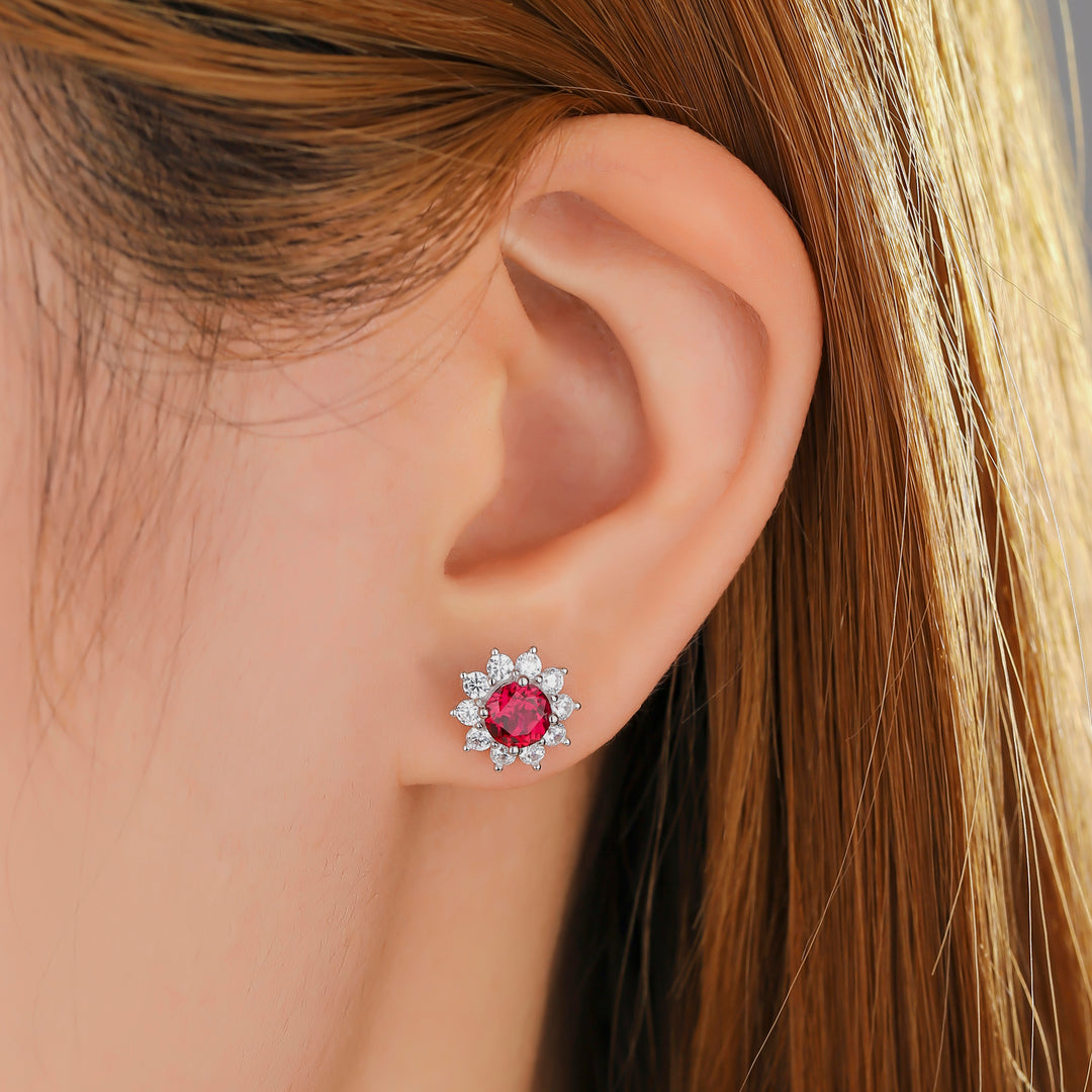 Round Cut Ruby Floral Studs
