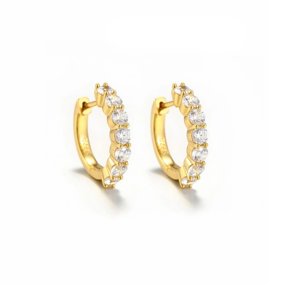 Moissanite huggie hoop earrings, Gold Plated, on white background
