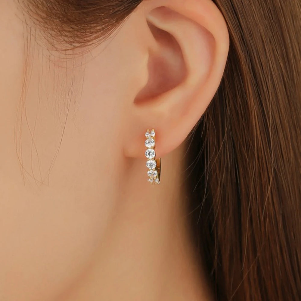 Moissanite huggie hoop earrings, Gold Plated, worn on ear
