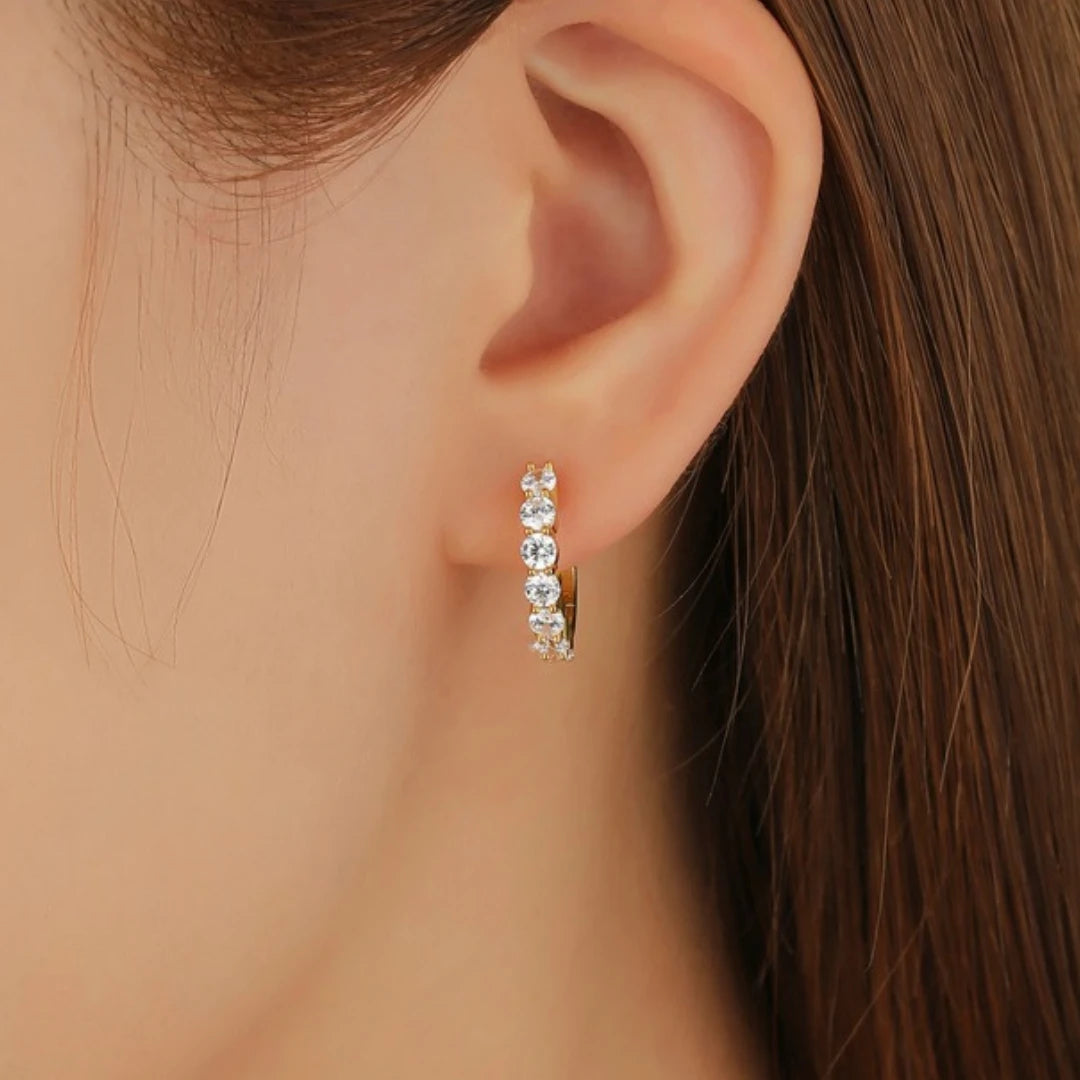 Moissanite huggie hoop earrings, Gold Plated, worn on ear