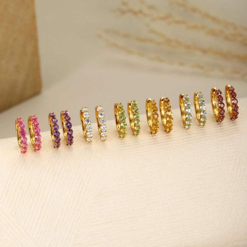 Gold plated gemstone huggie hoop earrings in all stone colors