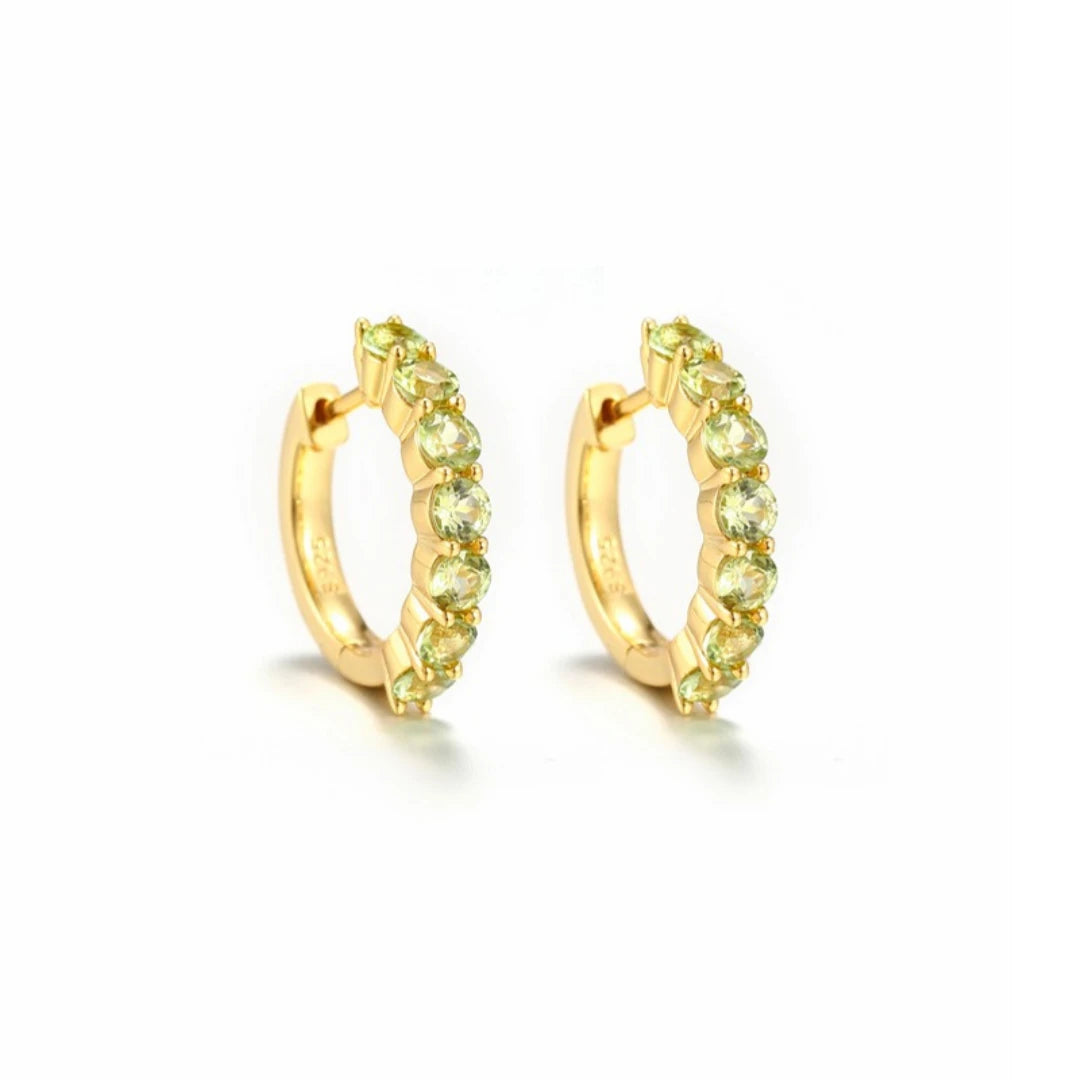 Peridot huggie hoop earrings, Gold Plated, on white background