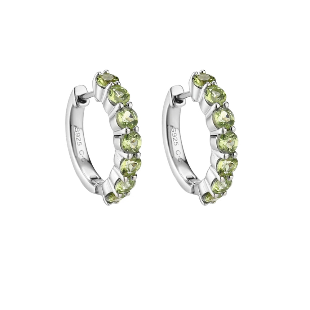 Peridot huggie hoop earrings, Sterling Silver, on white background