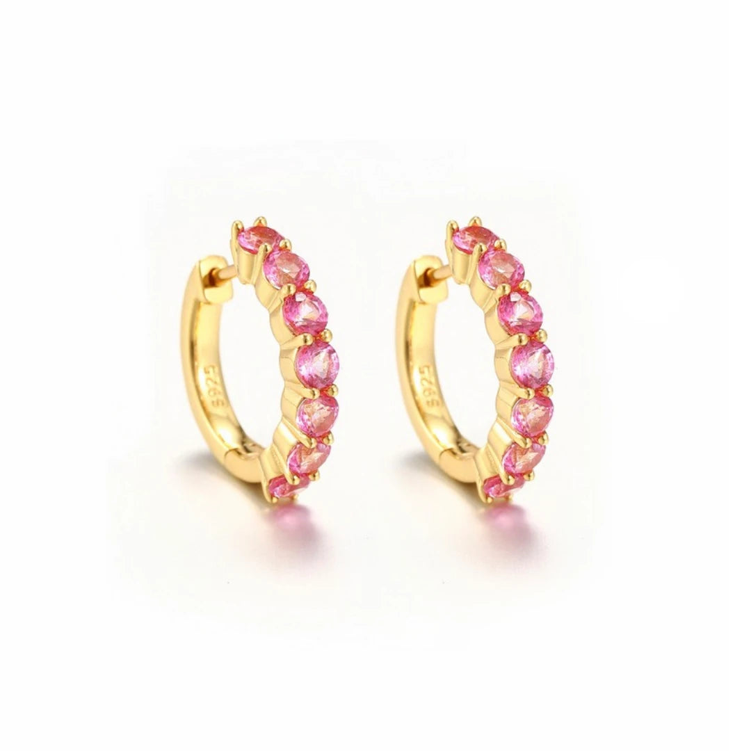 Pink Topaz huggie hoop earrings, Gold Plated, on white background