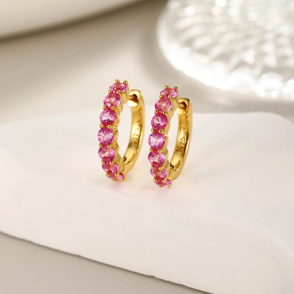 Pink Topaz huggie hoop earrings, Gold Plated, styled photo