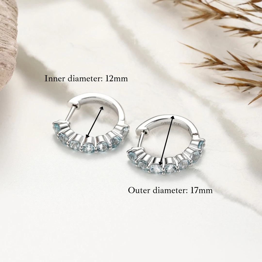 Blue Topaz huggie hoop earrings, Sterling Silver, size guide, 12mm inner and 17mm outer diameter